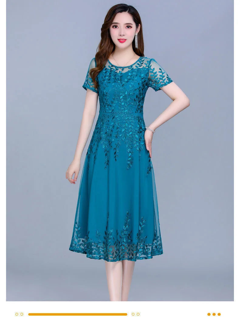 Blue Casual Chiffon Mesh Korean Long Dress Summer Women 2023 New Tunics Midi Fashion Elegant Prom Evening Dresses Short Sleeve